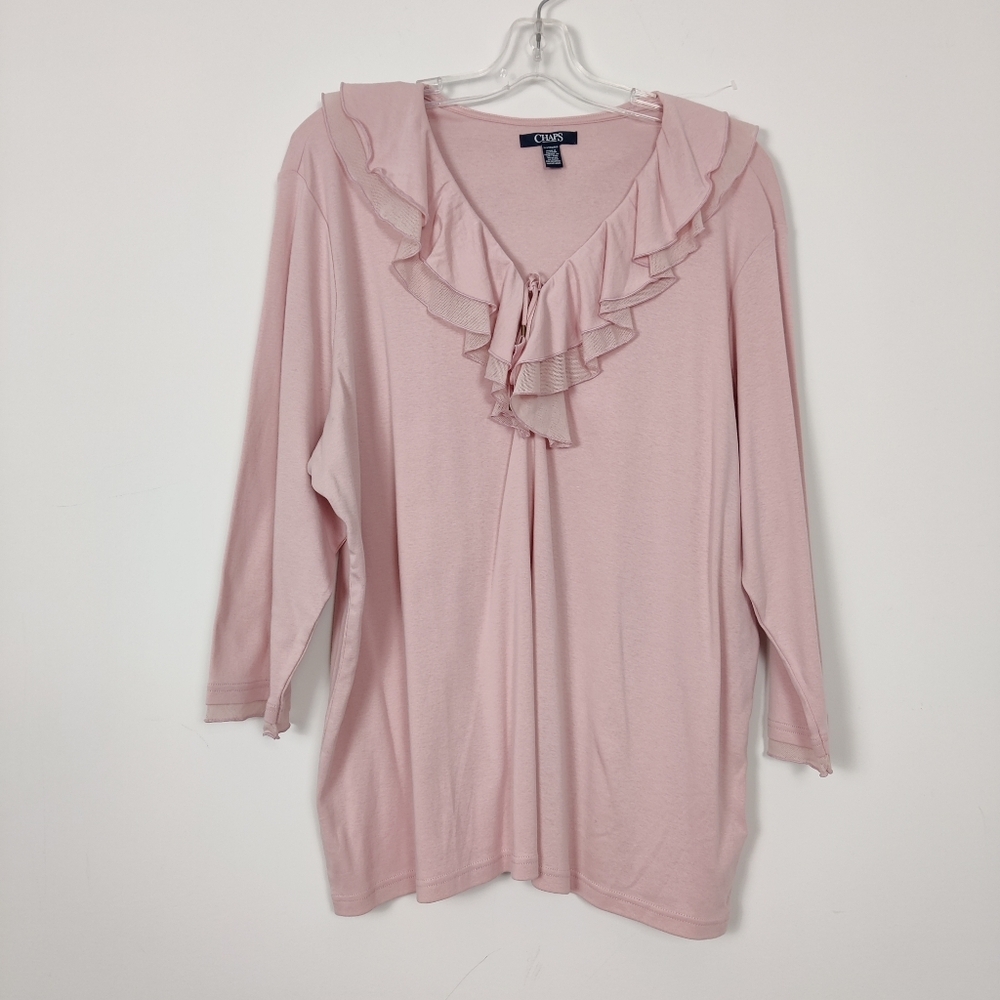 Chaps Women's Blouse in Pink Flutter Neck Size 2X Cotton Clean Girl Old Money